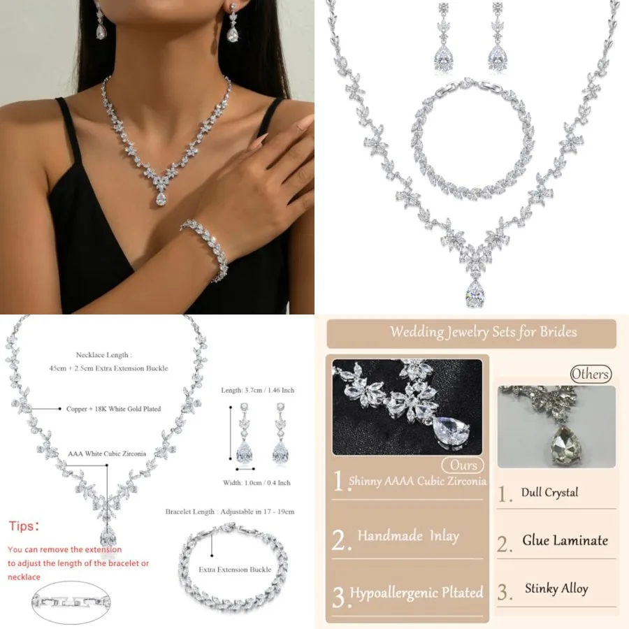 Jewelry Set for Women, Necklace Dangle Earrings Bracelet Set with White AAA Cubic Zirconia, Allergy Free Wedding Party Jewelry
Jewelry Set for Women, Necklace Dangle Earrings Bracelet Set with White AAA Cubic Zirconia, Allergy Free Wedding Party Jewelry