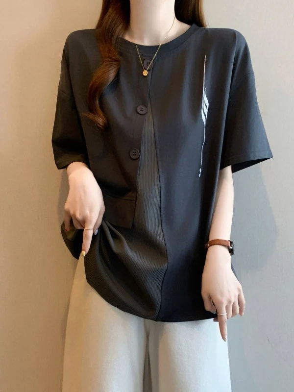Gray Short Sleeve T-Shirt Women's Design Sensation European Style plus Size Irregular Shoulder Line Spring Summer New Arrival
Gray Short Sleeve T-Shirt Women's Design Sensation European Style plus Size Irregular Shoulder Line Spring Summer New Arrival