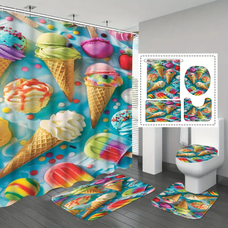 1/3/4Pc Colorful Ice Cream Cone Shower Curtain, Fresh and Trendy Bathroom Waterproof Hanging Curtain
1/3/4Pc Colorful Ice Cream Cone Shower Curtain, Fresh and Trendy Bathroom Waterproof Hanging Curtain