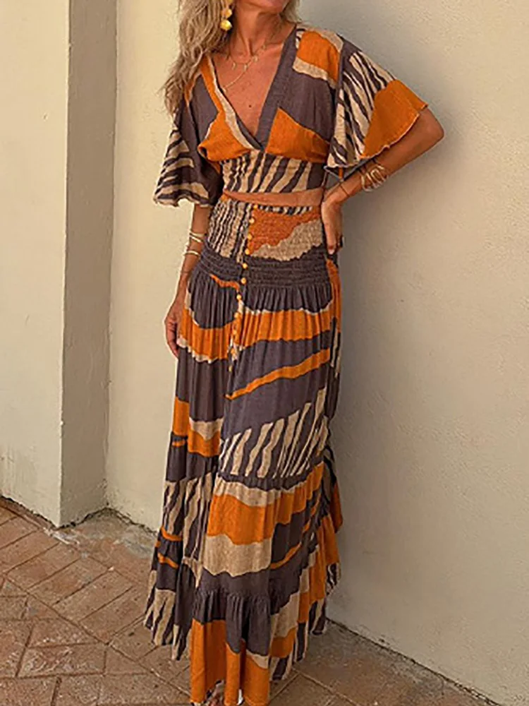 Women Summer V-Neck Short Top Outfit, Two Pieces Maxi Skirts Print Matching Sets, Vintage Simple Elegant Ladies Suits Streetwear
Women Summer V-Neck Short Top Outfit, Two Pieces Maxi Skirts Print Matching Sets, Vintage Simple Elegant Ladies Suits Streetwear