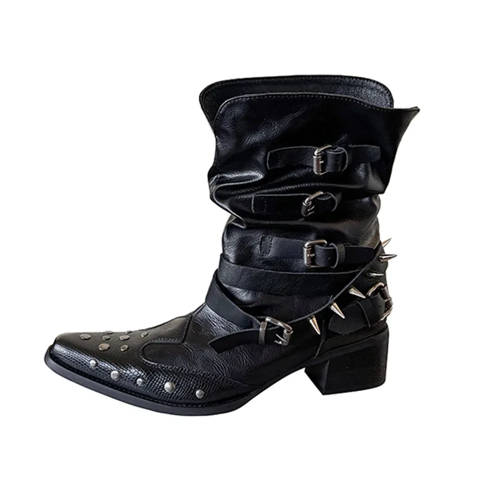 Genuine Leather Pleated Buckle Strap Western Boots Women Rivet Mid-calf Cowboy Boots Thick Heel Square Toe Chelsea Boots Party
Genuine Leather Pleated Buckle Strap Western Boots Women Rivet Mid-calf Cowboy Boots Thick Heel Square Toe Chelsea Boots Party