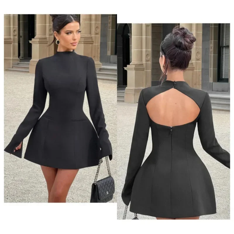 Sexy Backless Round Neck Mini Dresses Women Black Long Sleeve A Line Bodycon Dress 2024 Autumn New Elegant Party Club Outfits
Sexy Backless Round Neck Mini Dresses Women Black Long Sleeve A Line Bodycon Dress 2024 Autumn New Elegant Party Club Outfits
