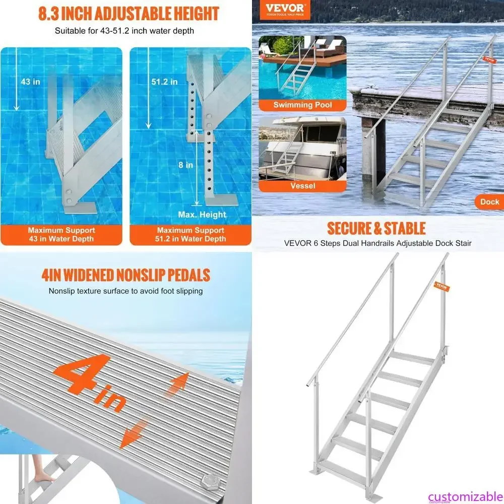 Adjustable 6-Step Aluminum Dock Ladder with 500lb Capacity for Pool and Pontoon Boat, Including Handrails
Adjustable 6-Step Aluminum Dock Ladder with 500lb Capacity for Pool and Pontoon Boat, Including Handrails