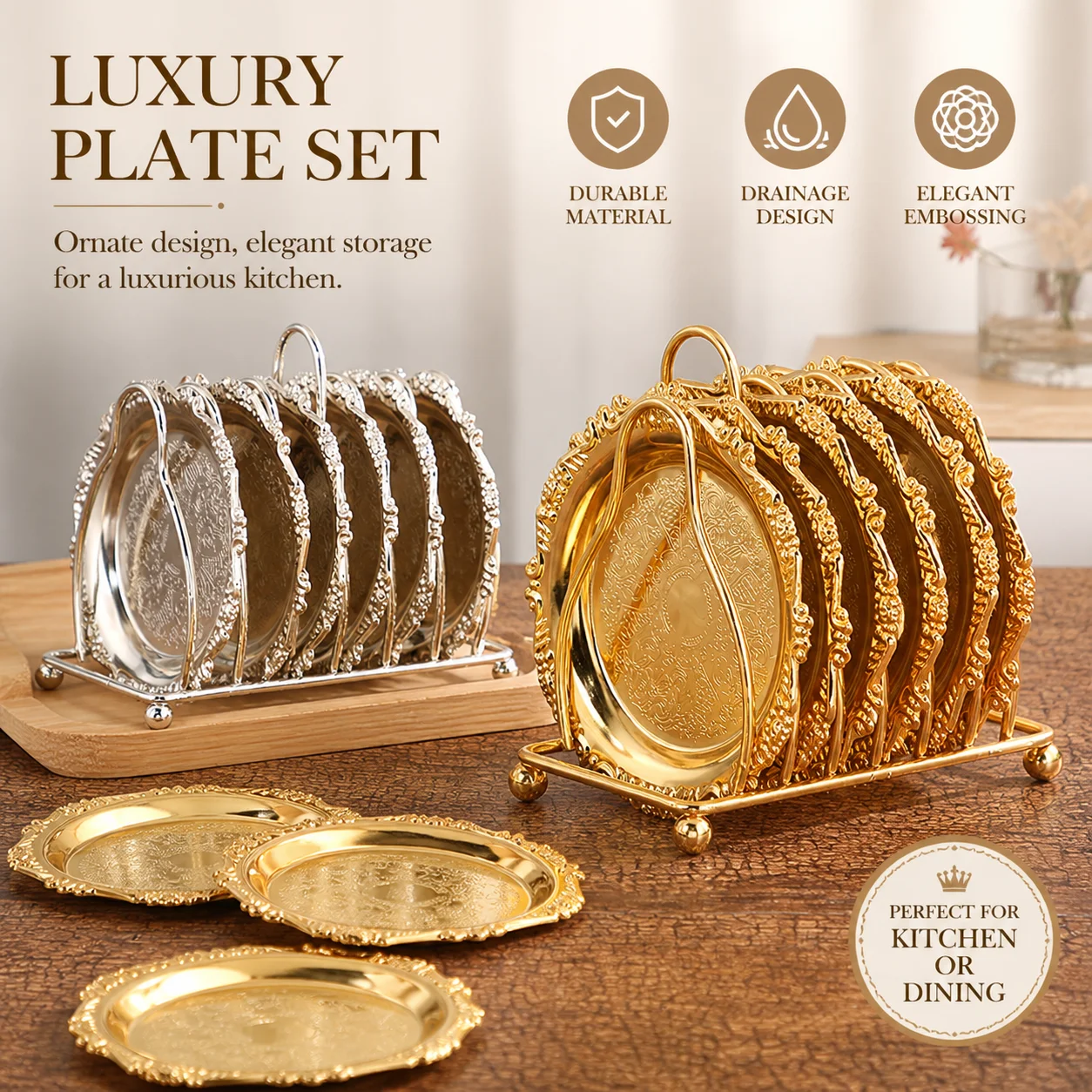 6Pcs Zinc Alloy Vintage Coaster Set with Storage Rack Gold-Color Metal Mini Plates Tea Coffee Cup Saucer Table Decor
6Pcs Zinc Alloy Vintage Coaster Set with Storage Rack Gold-Color Metal Mini Plates Tea Coffee Cup Saucer Table Decor