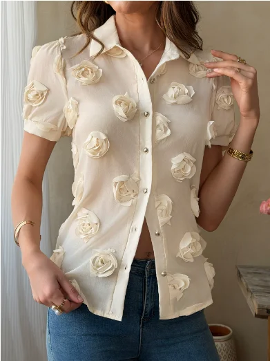 Women Shirt 2026 Spring Summer New Casual Solid Color Rose Decor Turn-Down Collar Short Sleeve Slim Fit Daily T-Shirt Top
Women Shirt 2026 Spring Summer New Casual Solid Color Rose Decor Turn-Down Collar Short Sleeve Slim Fit Daily T-Shirt Top