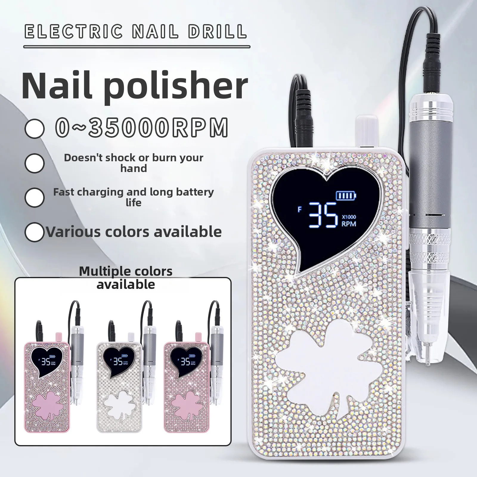 Portable Electric Nail Polisher with Artificial Diamonds and 35000 RPM Battery Powered Polishing Machine Nail Drill
Portable Electric Nail Polisher with Artificial Diamonds and 35000 RPM Battery Powered Polishing Machine Nail Drill