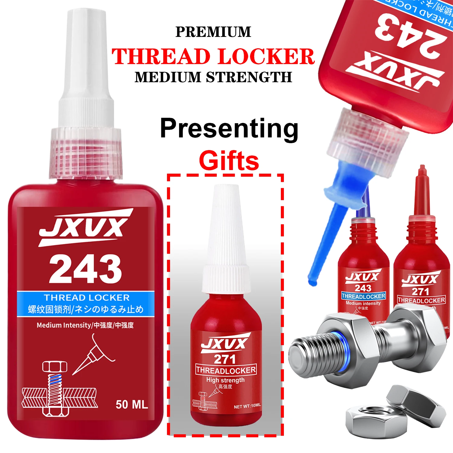 243/271 Threadlocker 10ml/50ml – Factory-direct threadlocker: buy one, get one free. Anaerobic adhesive, sealant, anti-vibration and anti-loosening, blue, removable
243/271 Threadlocker 10ml/50ml – Factory-direct threadlocker: buy one, get one free. Anaerobic adhesive, sealant, anti-vibration and anti-loosening, blue, removable