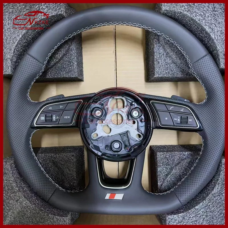 Used for Audi A3 A4 A5 B9, perforated leather steering wheel with key frame, key button assembly, white and black stitching
Used for Audi A3 A4 A5 B9, perforated leather steering wheel with key frame, key button assembly, white and black stitching