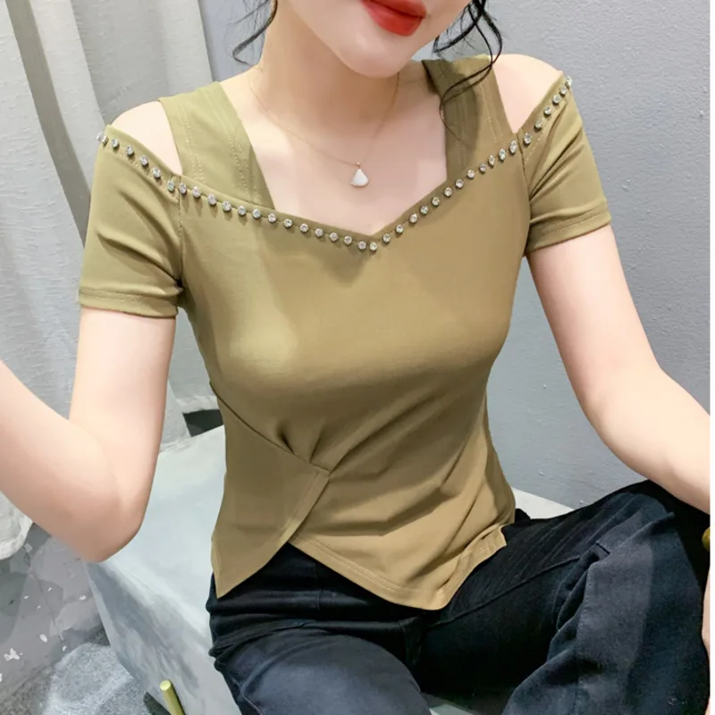 #7089 Black Red Khaki Irregular T Shirt Women Square Collar Sexy Folds Skinny Off Shoulder T Shirt For Women Diamonds Summer
#7089 Black Red Khaki Irregular T Shirt Women Square Collar Sexy Folds Skinny Off Shoulder T Shirt For Women Diamonds Summer