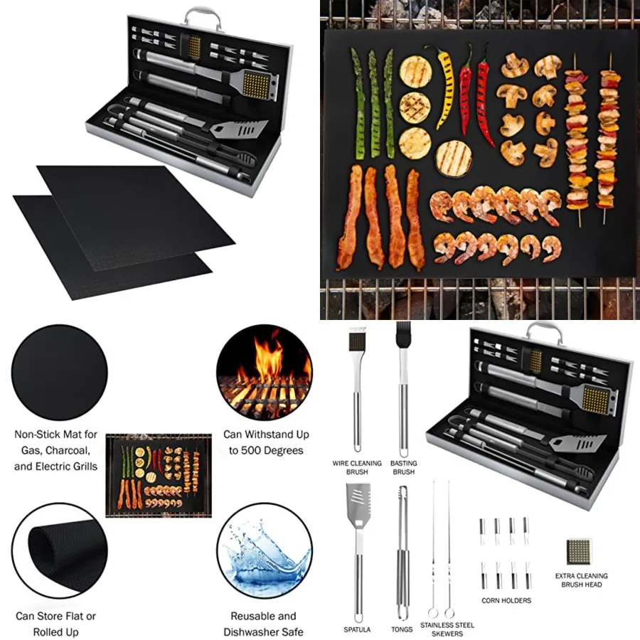 18-Piece BBQ Grill Set, 16-pc Stainless Steel Barbecue Tools Kit with Aluminum Case and 2-Pack BBQ Grill Mats
18-Piece BBQ Grill Set, 16-pc Stainless Steel Barbecue Tools Kit with Aluminum Case and 2-Pack BBQ Grill Mats