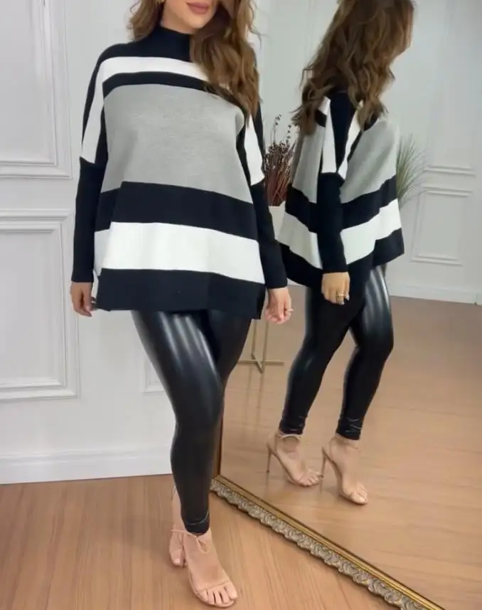 Women's Sweater 2025 Spring Autumn New Fashion Striped High Neck Long Sleeve Causal Loose Daily Pullover Sweater
Women's Sweater 2025 Spring Autumn New Fashion Striped High Neck Long Sleeve Causal Loose Daily Pullover Sweater