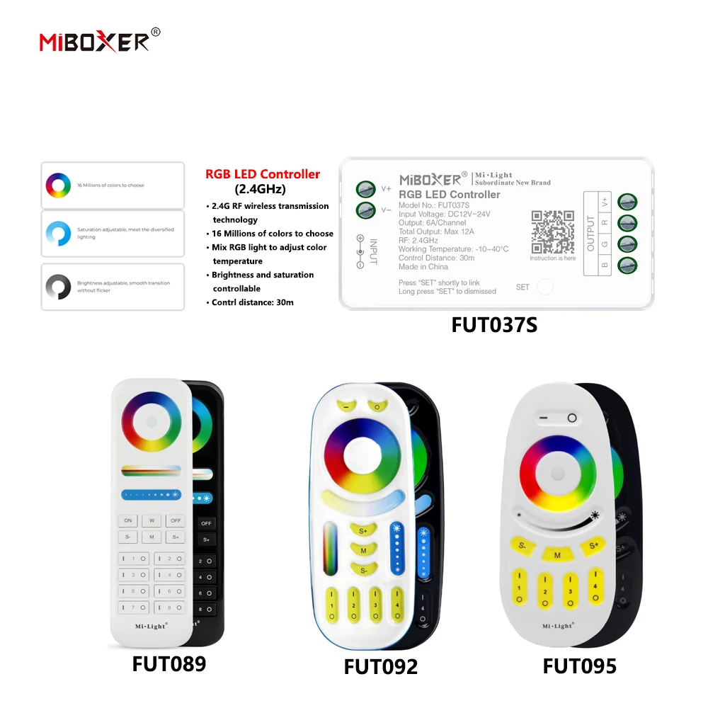 MiBoxer DC12~24V FUT037S+FUT089 2.4GHzRF Wireless RGB 6A/Ch 16 Millions of colors to choose LED Controller For COB/Led Strip
MiBoxer DC12~24V FUT037S+FUT089 2.4GHzRF Wireless RGB 6A/Ch 16 Millions of colors to choose LED Controller For COB/Led Strip