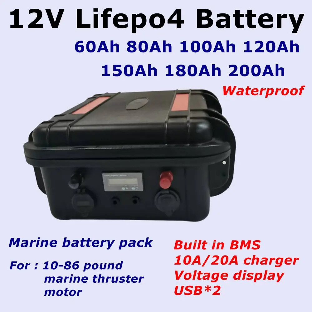 LiFePo4 Battery 12V60AH/80AH/100AH/120AH/150AH/200AH with bms for fish boat vehicle power supply 86 pound propeller+10A charger
LiFePo4 Battery 12V60AH/80AH/100AH/120AH/150AH/200AH with bms for fish boat vehicle power supply 86 pound propeller+10A charger