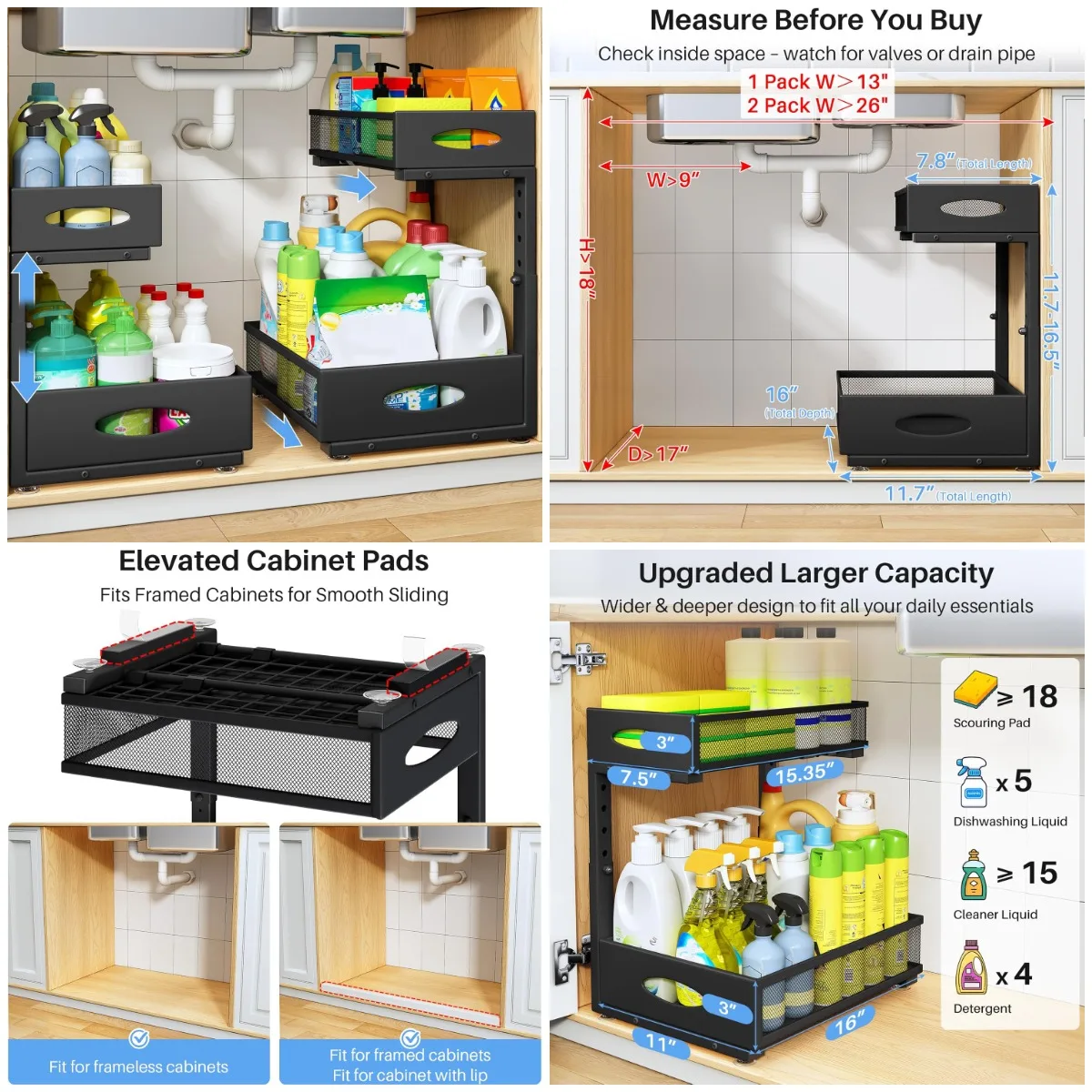 2 Pack 2-Tier Pull-Out Under Sink Organizer, Black Metal Slide-Out Shelf with Pad, Mesh Drawers for Kitchen Bathroom Laundry
2 Pack 2-Tier Pull-Out Under Sink Organizer, Black Metal Slide-Out Shelf with Pad, Mesh Drawers for Kitchen Bathroom Laundry
