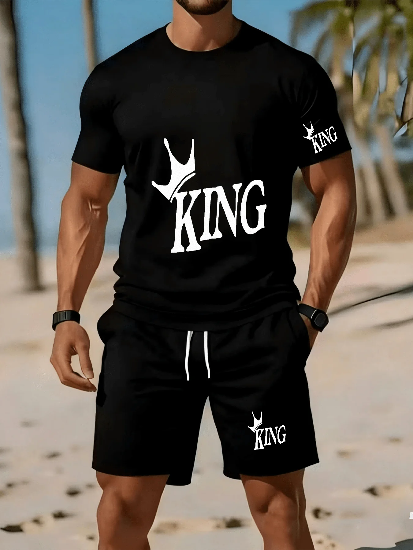 Men's short-sleeved suit set - two-piece set. Fashionable letter "KING" print design. Simple and elegant sporty casual suit.
Men's short-sleeved suit set - two-piece set. Fashionable letter "KING" print design. Simple and elegant sporty casual suit.
