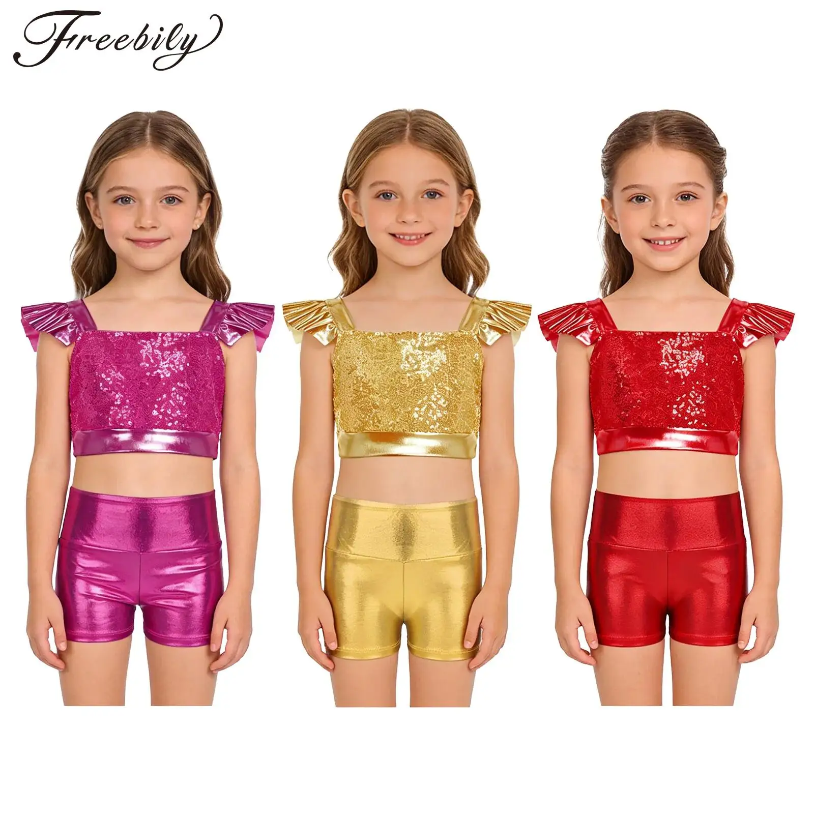 Kids Girls Jazz Dance Outfit Square Collar Ruffled Sleeves Sparkling Sequin Metallic Crop Top with Shiny Shorts Set
Kids Girls Jazz Dance Outfit Square Collar Ruffled Sleeves Sparkling Sequin Metallic Crop Top with Shiny Shorts Set