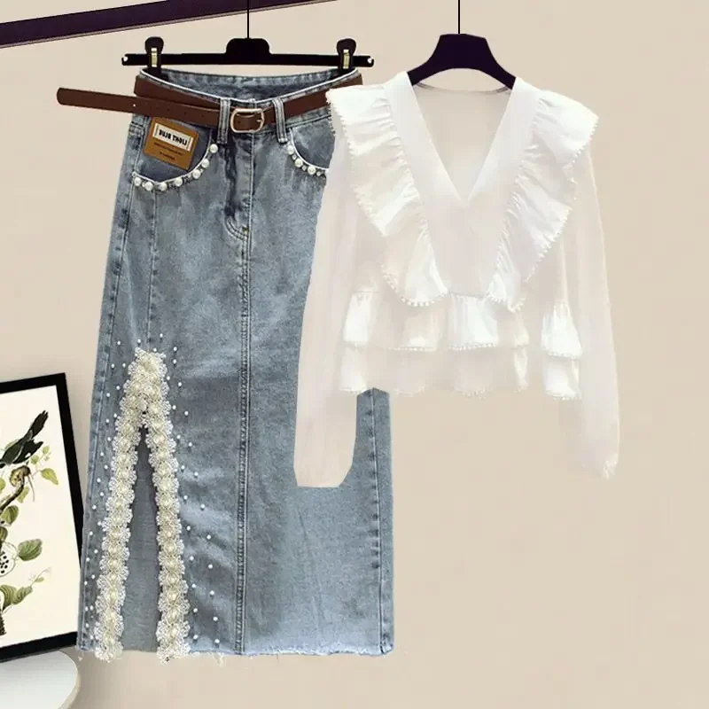 Spring/Summer Fashion Set Women's 2025 Korean Loose V-neck Top High Waist Denim Skirt Elegant Women's Two Piece Set
Spring/Summer Fashion Set Women's 2025 Korean Loose V-neck Top High Waist Denim Skirt Elegant Women's Two Piece Set