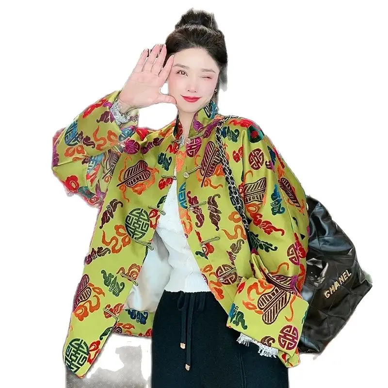 Spring Autumn Chinese Coat Women 2024 New Fashion Loose Leisure Cardigan Single-Breasted Tops Green Printing Outerwear Female
Spring Autumn Chinese Coat Women 2024 New Fashion Loose Leisure Cardigan Single-Breasted Tops Green Printing Outerwear Female