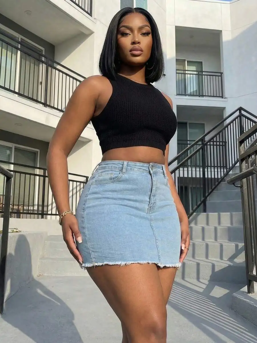 Womens High Waist Stretch Denim Mini Skirt With Frayed Hem Casual Y2K Style
Womens High Waist Stretch Denim Mini Skirt With Frayed Hem Casual Y2K Style
