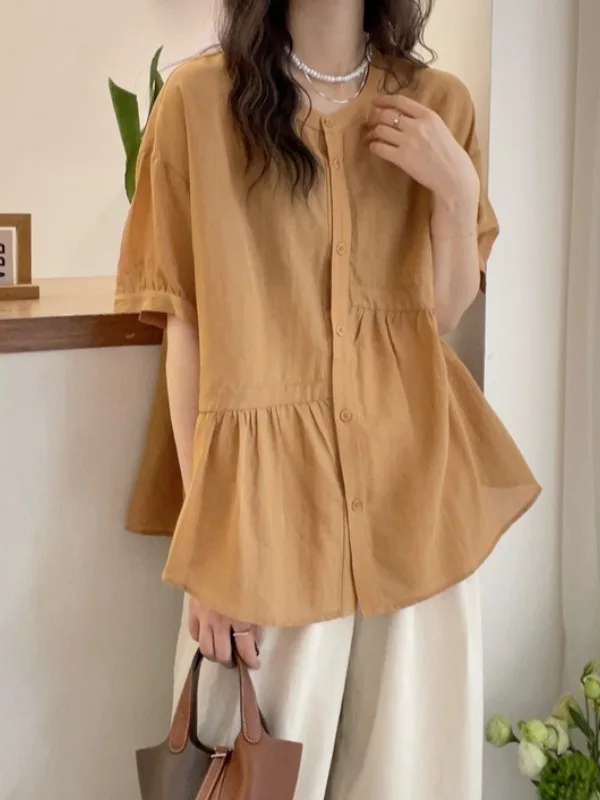 Loose Fit Linen Short Sleeve Shirt Women Summer plus Size Unique round Neck Casual Stylish Korean Style Plain Color Button up
Loose Fit Linen Short Sleeve Shirt Women Summer plus Size Unique round Neck Casual Stylish Korean Style Plain Color Button up