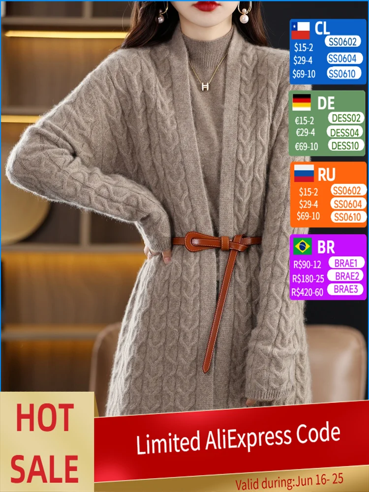 100% Pure Wool Cashmere Sweater Woman V-neck Long Twist Cardigan Casual Knit Tops Autumn Winter New Jacket Warmth Thick Outwear
100% Pure Wool Cashmere Sweater Woman V-neck Long Twist Cardigan Casual Knit Tops Autumn Winter New Jacket Warmth Thick Outwear