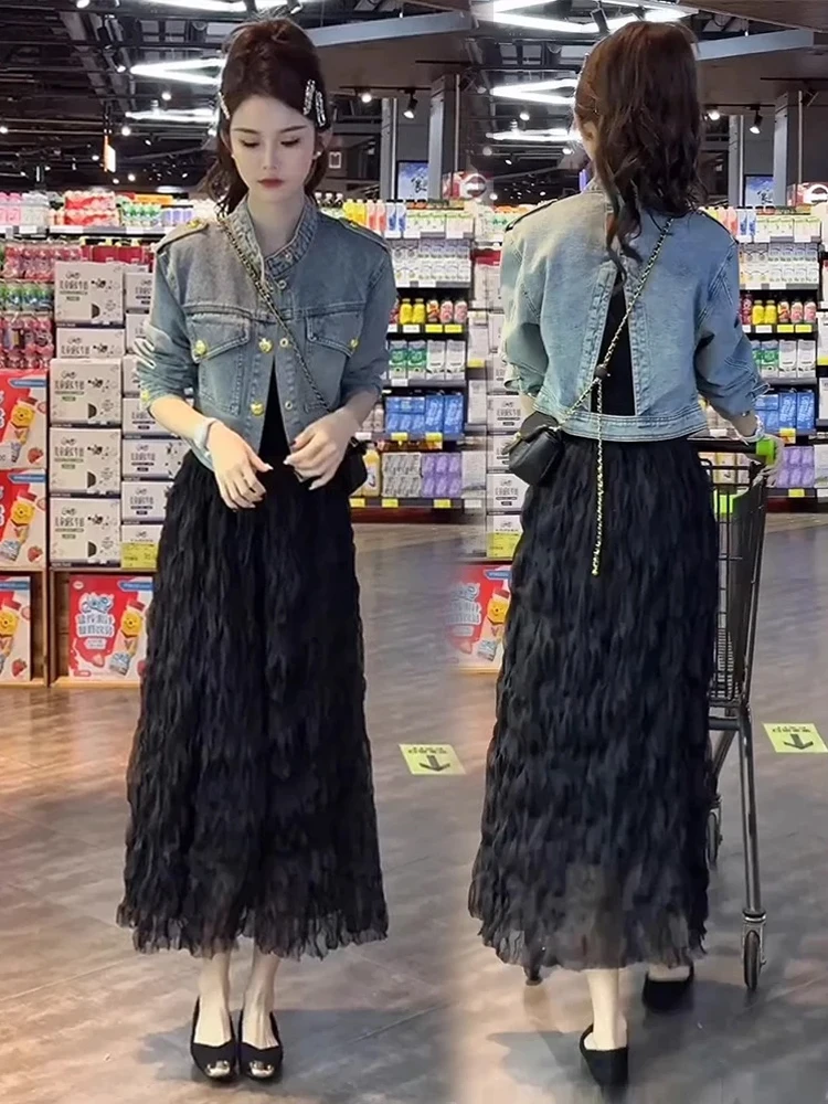 Spring Fashionable Women's Denim Jacket And Mesh Skirt Outfit Set Long Sleeve Button Closure Elegant Two-Piece Ensemble
Spring Fashionable Women's Denim Jacket And Mesh Skirt Outfit Set Long Sleeve Button Closure Elegant Two-Piece Ensemble