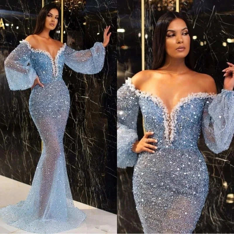 Blue Sprinkled Gold V-neck Perspective Lantern Sleeve Fishtail Skirt Sequined Decorative Slim-fitting Evening Dress Dress
Blue Sprinkled Gold V-neck Perspective Lantern Sleeve Fishtail Skirt Sequined Decorative Slim-fitting Evening Dress Dress