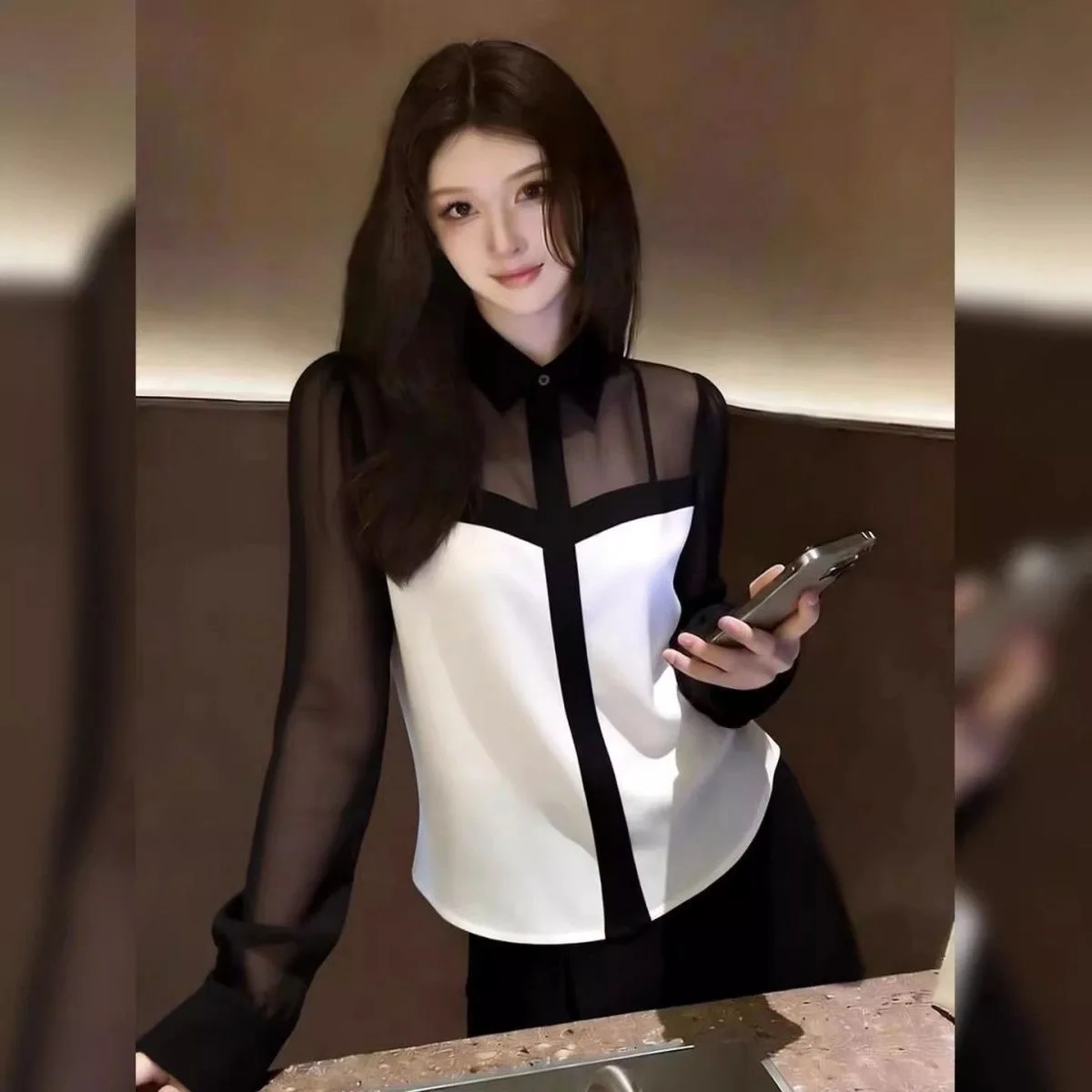 Fashionable Long Sleeve Women's Shirt Spring Summer New Style Black White Color Block Chiffon Splice Top Simple Design Sense
Fashionable Long Sleeve Women's Shirt Spring Summer New Style Black White Color Block Chiffon Splice Top Simple Design Sense