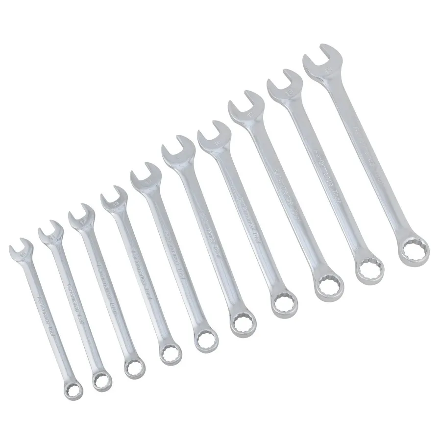 Metric polish wrench set for automotive repair, chrome-plated steel, silver, 10-piece with sizes 10-19mm
Metric polish wrench set for automotive repair, chrome-plated steel, silver, 10-piece with sizes 10-19mm