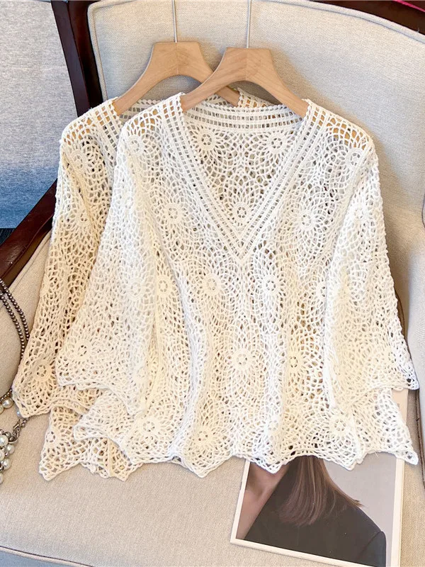 Loose Bohemian Sunshade Cover up T-Shirt Knitted mid Sleeve V-Neck Hollow out Large Size Women's Casual Outerwear
Loose Bohemian Sunshade Cover up T-Shirt Knitted mid Sleeve V-Neck Hollow out Large Size Women's Casual Outerwear