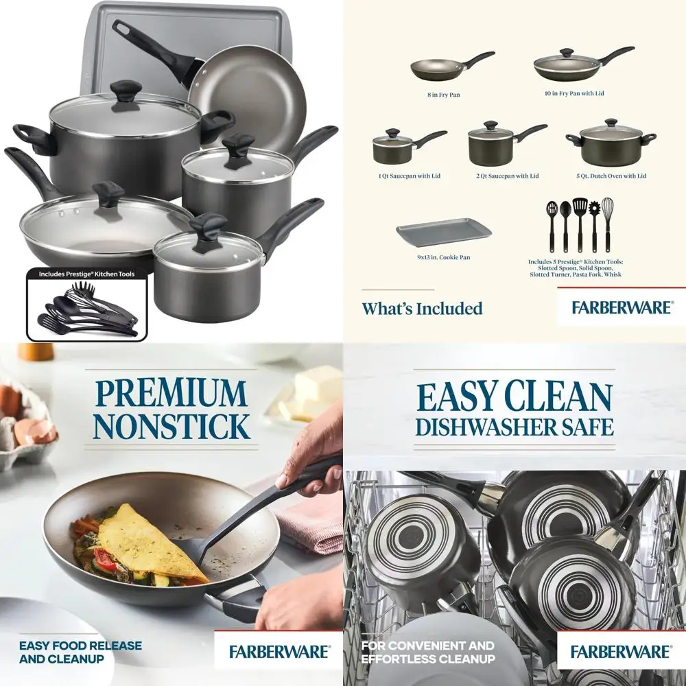 farberware dishwasher safe nonstick cookware pots and pans set, 15 piece, pewter
farberware dishwasher safe nonstick cookware pots and pans set, 15 piece, pewter