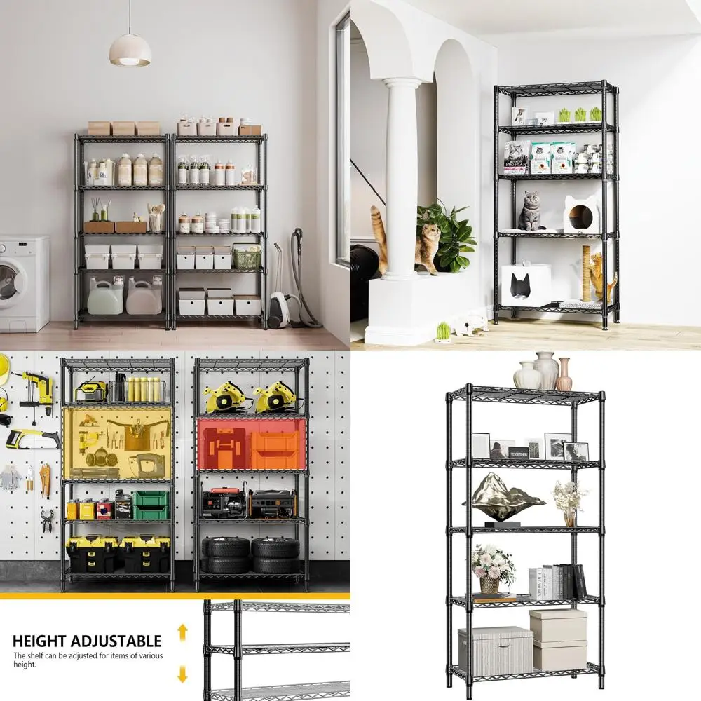 5 Tier Heavy-Duty Metal Storage Shelves - 1250 lbs Capacity, Wire Rack for Closet, Garage, Kitchen, Bathroom, Laundry - Black, 1
5 Tier Heavy-Duty Metal Storage Shelves - 1250 lbs Capacity, Wire Rack for Closet, Garage, Kitchen, Bathroom, Laundry - Black, 1