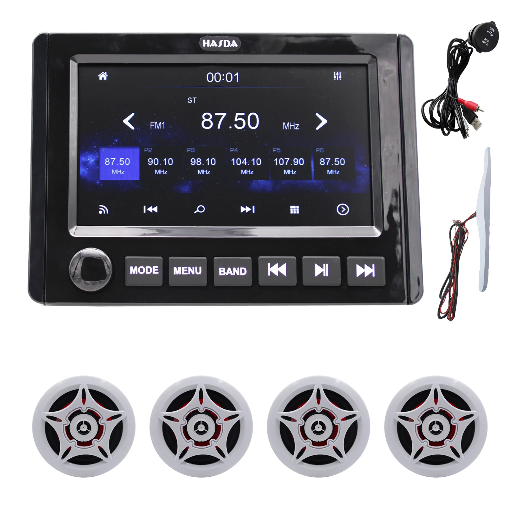 Водонепроницаемые морские 6,5-дюймовые динамики H-053*4 + Bluetooth MP3-радиоплеер H-305 + USB-кабель даты + костюм антенны
Водонепроницаемые морские 6,5-дюймовые динамики H-053*4 + Bluetooth MP3-радиоплеер H-305 + USB-кабель даты + костюм антенны