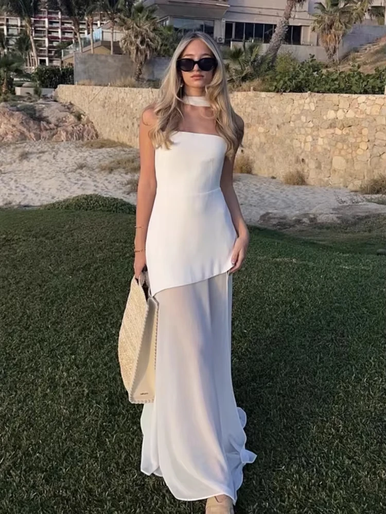 Sexy Strapless Dress With Ribbon Women Elegant Sleeveless Backless Mesh Long Dressss Summer 2025 New White Beach Vacation Dress
Sexy Strapless Dress With Ribbon Women Elegant Sleeveless Backless Mesh Long Dressss Summer 2025 New White Beach Vacation Dress