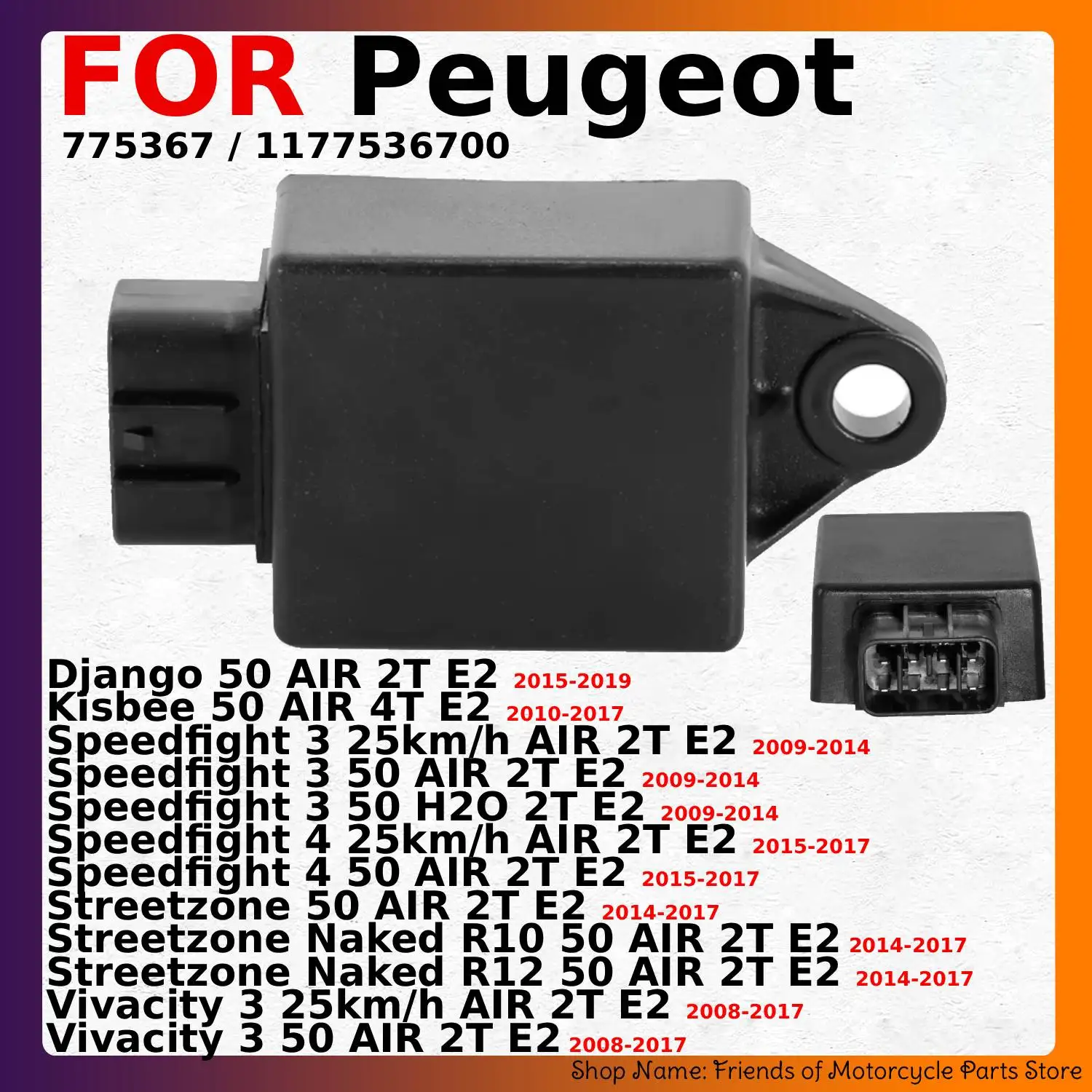 CDI Ignition UNIT ASSY Converter Switch for Peugeot 50 Django Kisbee Speedfight Streetzone Vivacity AIR 2T 4T 775367 1177536700
CDI Ignition UNIT ASSY Converter Switch for Peugeot 50 Django Kisbee Speedfight Streetzone Vivacity AIR 2T 4T 775367 1177536700