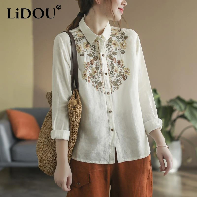 2023 Spring Autumn New POLO Collar Long Sleeve Vintage Solid Color Shirt Women Cotton Hemp Button Embroidered All-match Cardigan
2023 Spring Autumn New POLO Collar Long Sleeve Vintage Solid Color Shirt Women Cotton Hemp Button Embroidered All-match Cardigan