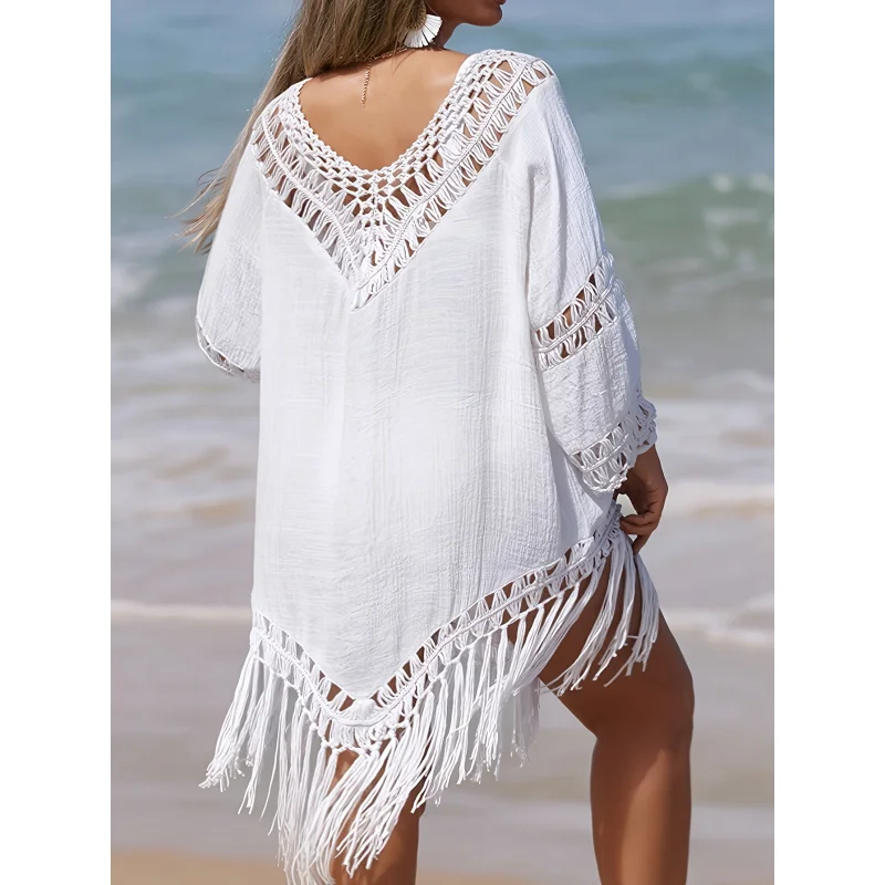 Women V Back Crochet Fringe Trim Cover Up Tunic Dolman 3/4 Sleeve Asymmetric Hem Loose Bikini Beach Swim
Women V Back Crochet Fringe Trim Cover Up Tunic Dolman 3/4 Sleeve Asymmetric Hem Loose Bikini Beach Swim