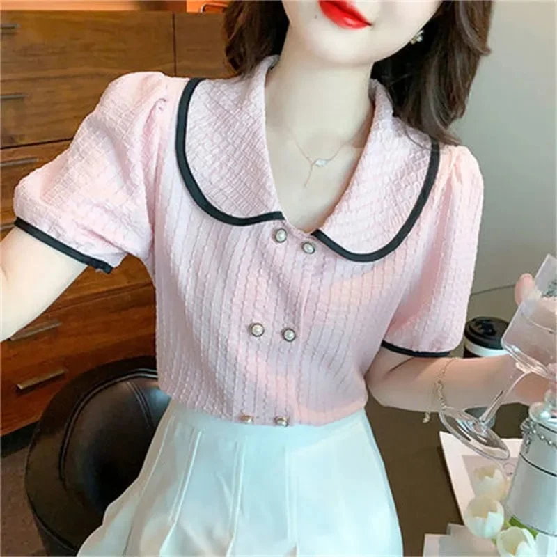 Fashionable Color Block Doll Collar Bubble Short Sleeve Shirt Women Summer New Loose Slim Sweet Small Fragrance Style Top
Fashionable Color Block Doll Collar Bubble Short Sleeve Shirt Women Summer New Loose Slim Sweet Small Fragrance Style Top