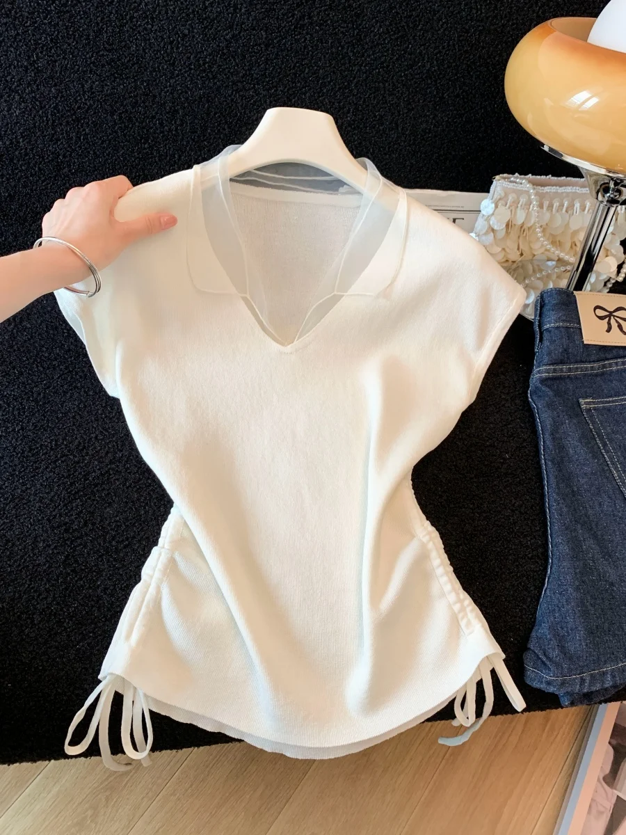 Korean Style V-Neck Short Sleeve Knitted Sweater Women's Patchwork Design White Drawstring Slimming Top Summer New Arrival
Korean Style V-Neck Short Sleeve Knitted Sweater Women's Patchwork Design White Drawstring Slimming Top Summer New Arrival