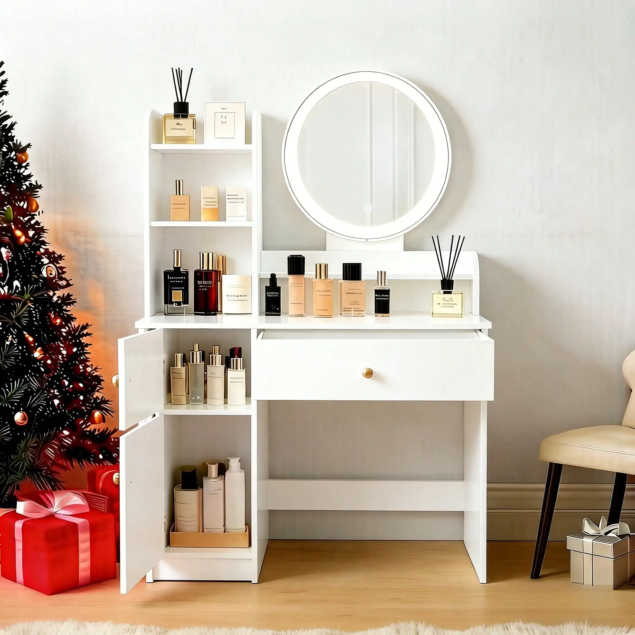 Vanity Desk With Mirror And Lights, Makeup Table With Open Storage Rack, Cabinet, 3 LED Lights Modes, Easy to install, Mother's Day gift, White
Vanity Desk With Mirror And Lights, Makeup Table With Open Storage Rack, Cabinet, 3 LED Lights Modes, Easy to install, Mother's Day gift, White