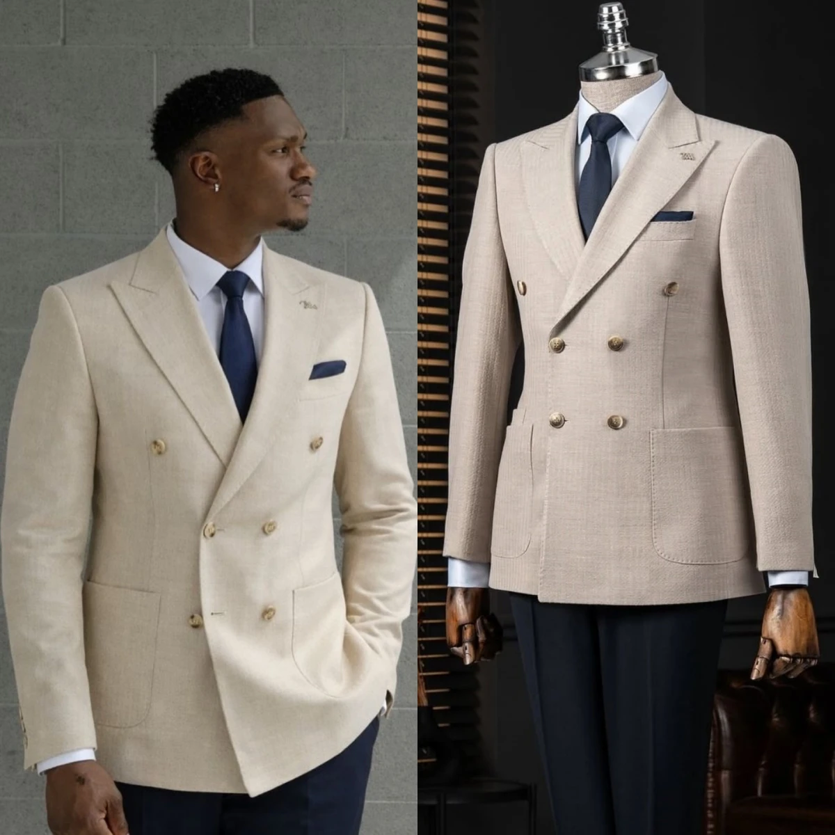 Men's Beige Double Breasted Blazer with Gold Buttons Peak Lapel Slim Fit Formal Business Jacket Wedding Prom Groom Customized
Men's Beige Double Breasted Blazer with Gold Buttons Peak Lapel Slim Fit Formal Business Jacket Wedding Prom Groom Customized