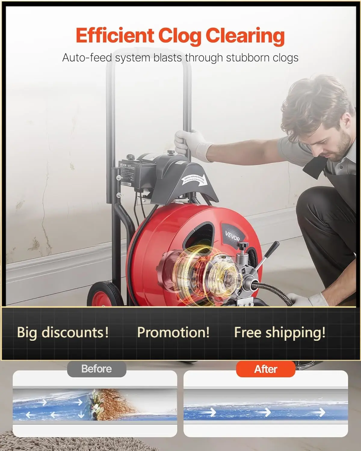 VEVOR Drain Cleaner Machine 100 FT x 3/4 Inch, Auto Feed Sewer Snake Auger on Wheels, Portable Drain Cleaning Machine with 4 Cut
VEVOR Drain Cleaner Machine 100 FT x 3/4 Inch, Auto Feed Sewer Snake Auger on Wheels, Portable Drain Cleaning Machine with 4 Cut