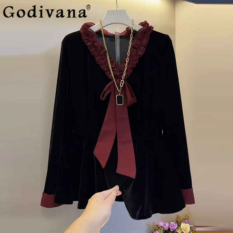 Бархатная футболка больших размеров с милыми оборками, весенне-осенняя новая женская футболка на шнуровке с v-образным вырезом, модный универсальный свободный черный топ с длинными рукавами
Бархатная футболка больших размеров с милыми оборками, весенне-осенняя новая женская футболка на шнуровке с v-образным вырезом, модный универсальный свободный черный топ с длинными рукавами