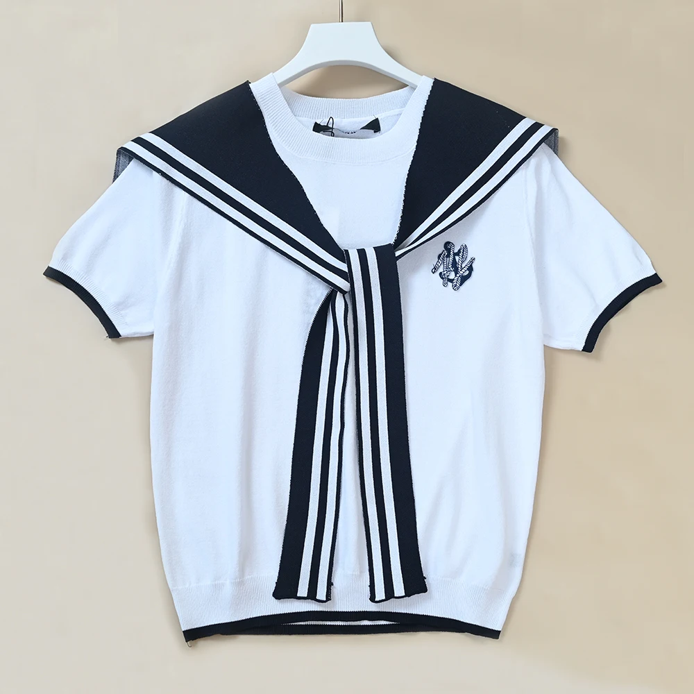 Summer New Style Casual Color Block Letter Embroidery Short Sleeve Knitted Shawl for Women Loose Fit Neck Design Striped Pattern
Summer New Style Casual Color Block Letter Embroidery Short Sleeve Knitted Shawl for Women Loose Fit Neck Design Striped Pattern