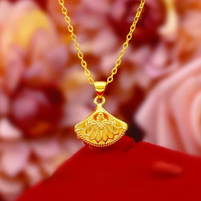 Pure 18K 999 Gold Elegant Fairy Hollow Fan Pendnat Chain for Women Birthday Wedding Christmas Gifts Jewelry Necklace Chains
Pure 18K 999 Gold Elegant Fairy Hollow Fan Pendnat Chain for Women Birthday Wedding Christmas Gifts Jewelry Necklace Chains