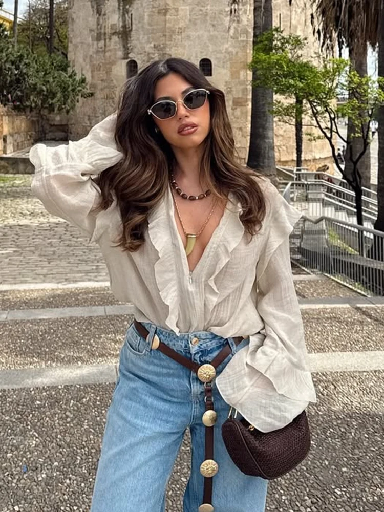 Foridol Ruffles Beige Women Shirts & Blouses Long Sleeve Casual Loose Tops 2025 Summer Spring New in Blusas Mujer
Foridol Ruffles Beige Women Shirts & Blouses Long Sleeve Casual Loose Tops 2025 Summer Spring New in Blusas Mujer