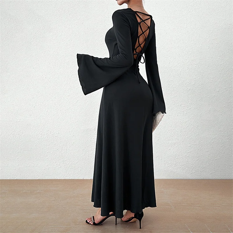 Back Lace Up Cut-Out Women Prom Dress Round Neck Flare Sleeves Party Gown Pure Black Wasited Evening Skirt New Arrival In Stock
Back Lace Up Cut-Out Women Prom Dress Round Neck Flare Sleeves Party Gown Pure Black Wasited Evening Skirt New Arrival In Stock