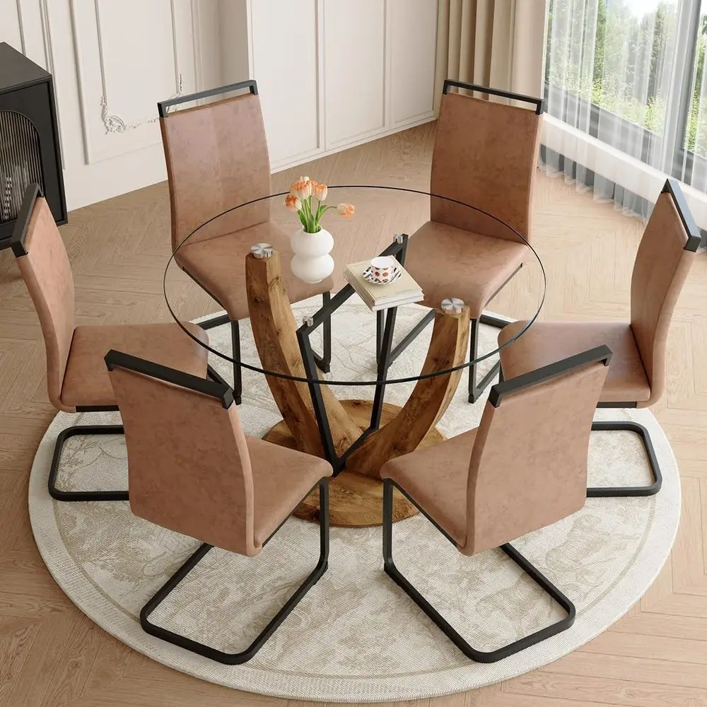 48 Glass Top Round Dining Table Set with 6 or 7 Chairs, Traditional Wooden Pedestal Base, Brown
48 Glass Top Round Dining Table Set with 6 or 7 Chairs, Traditional Wooden Pedestal Base, Brown