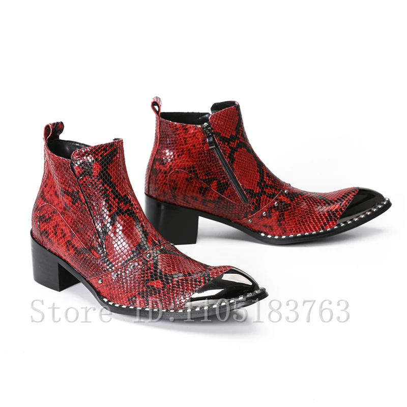 Designer New Metal Pointed Toe Rives Men Ankle Boots Red Snake Prints Thick Heels Side Zipper Western Chelsea Boots
Designer New Metal Pointed Toe Rives Men Ankle Boots Red Snake Prints Thick Heels Side Zipper Western Chelsea Boots