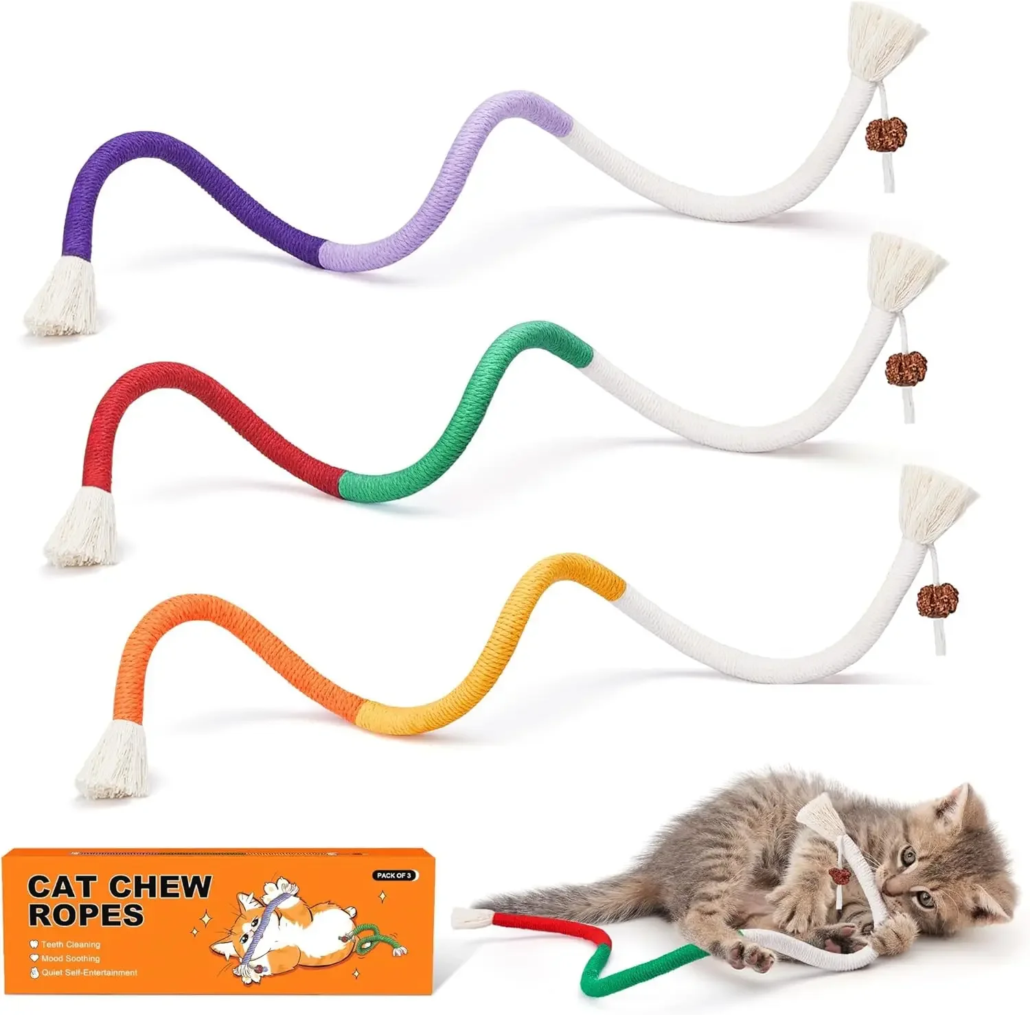 Cat Chew Ropes 3-Pack with Refillable Catnip, Teeth Cleaning Toy for Indoor Kittens, Interactive Play 19.5 Inches
Cat Chew Ropes 3-Pack with Refillable Catnip, Teeth Cleaning Toy for Indoor Kittens, Interactive Play 19.5 Inches